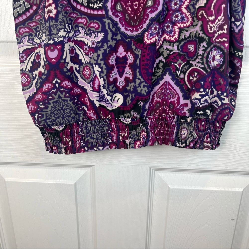 eci New York Multi Purple & Gray Blouse Elastic Waist Hem Ruffles Women’s Size 8 - Picture 8 of 14